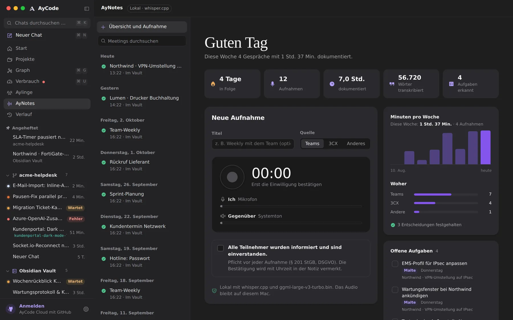 AyNotes: weekly numbers, a new recording, open tasks from your meetings.