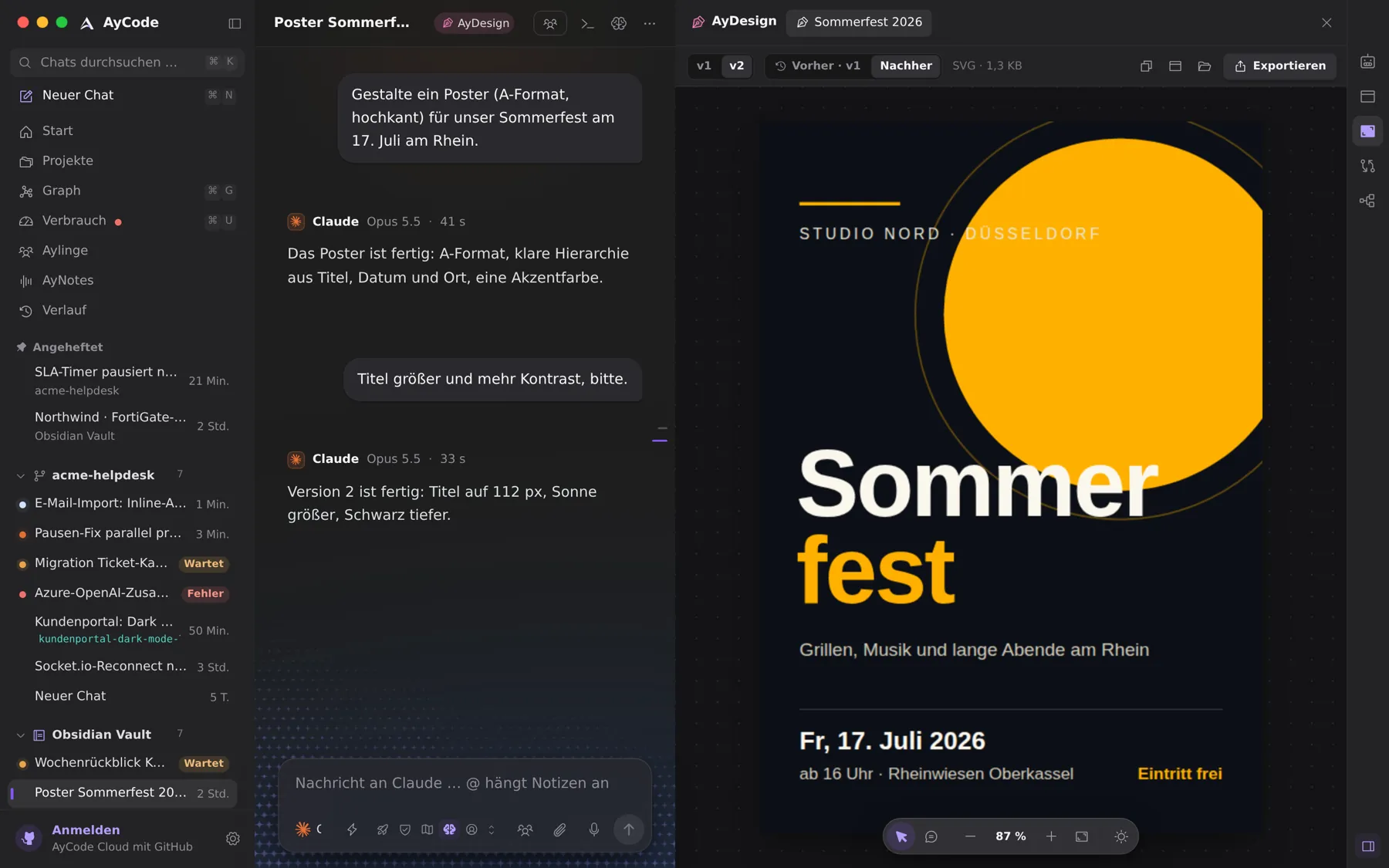 The canvas shows a poster while the agent writes it, with versions and before/after.