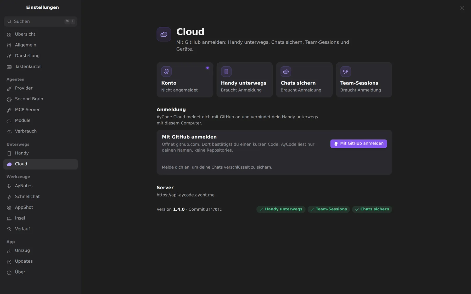 Einstellungen → Cloud: Konto, Handy unterwegs, Chats sichern und Team-Sessions.