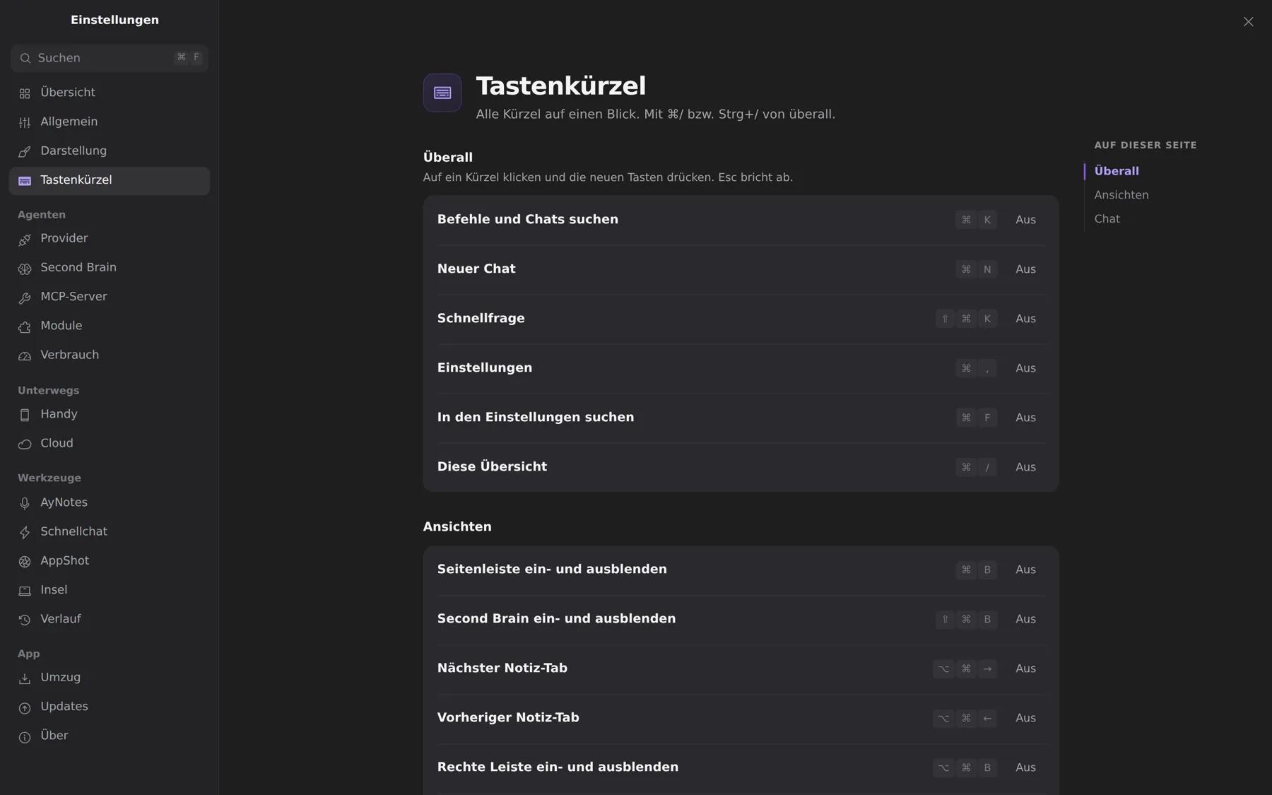 Einstellungen → Tastenkürzel: Kürzel anklicken und neue Tasten drücken.