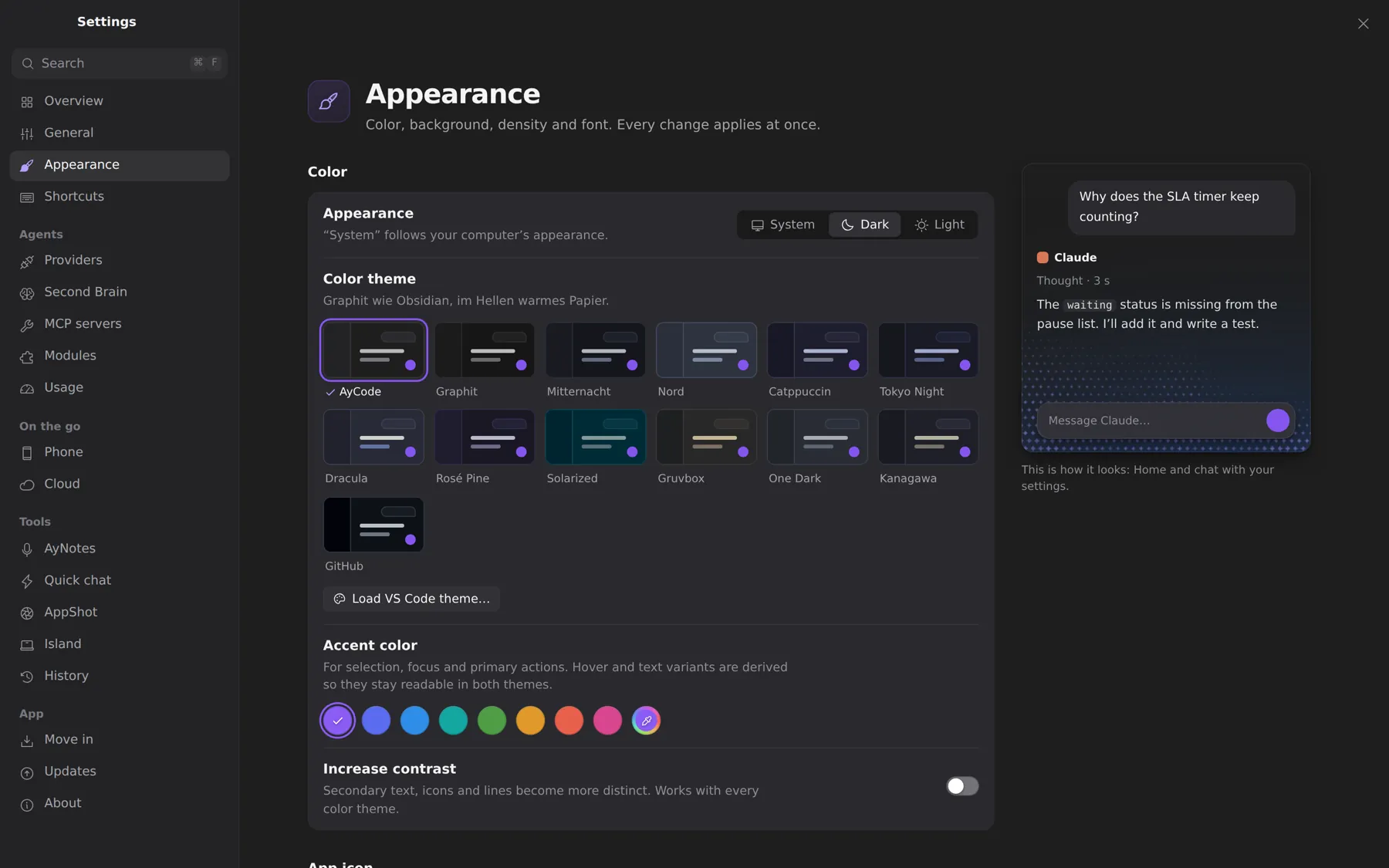 Thirteen colour themes in light and dark, an accent colour and a live preview.
