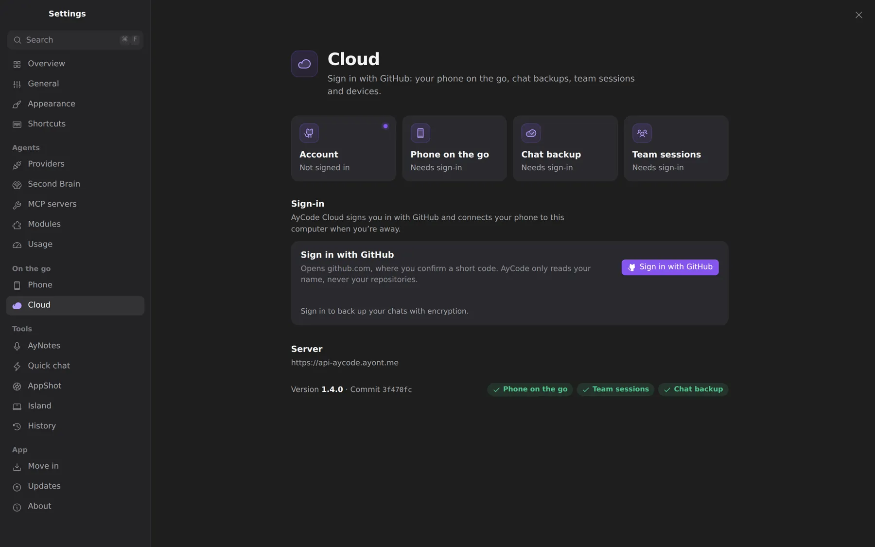 Settings → Cloud: account, phone on the go, chat backup and team sessions.