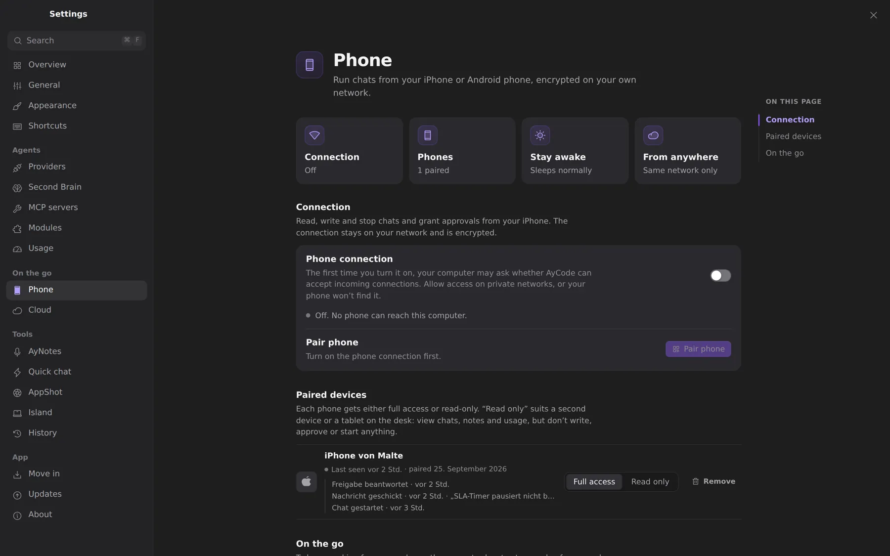Settings → Phone: connection, paired devices, staying awake and reaching your Mac from outside.
