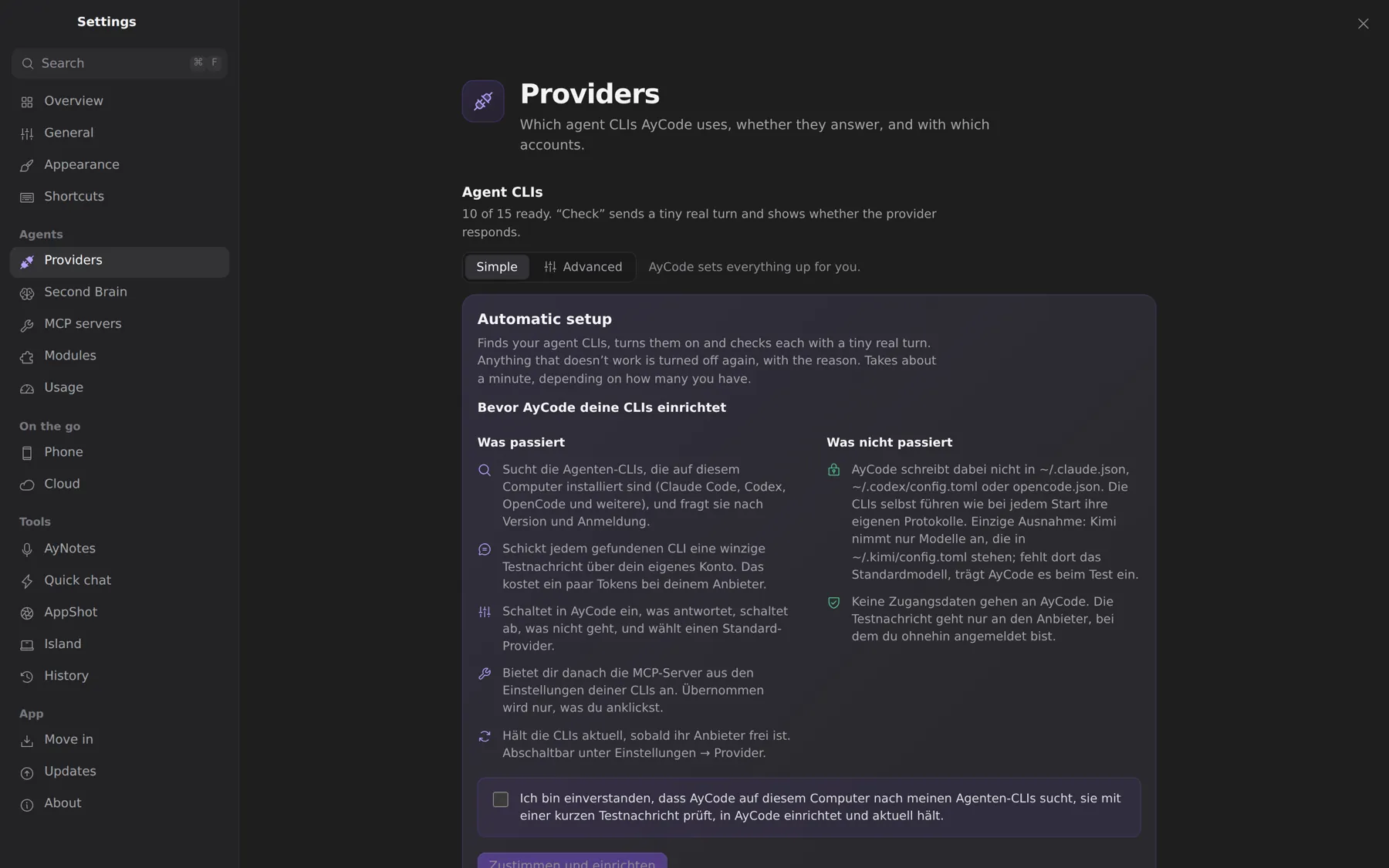Settings → Providers: AyCode can set the agent apps up for you, after you agree.