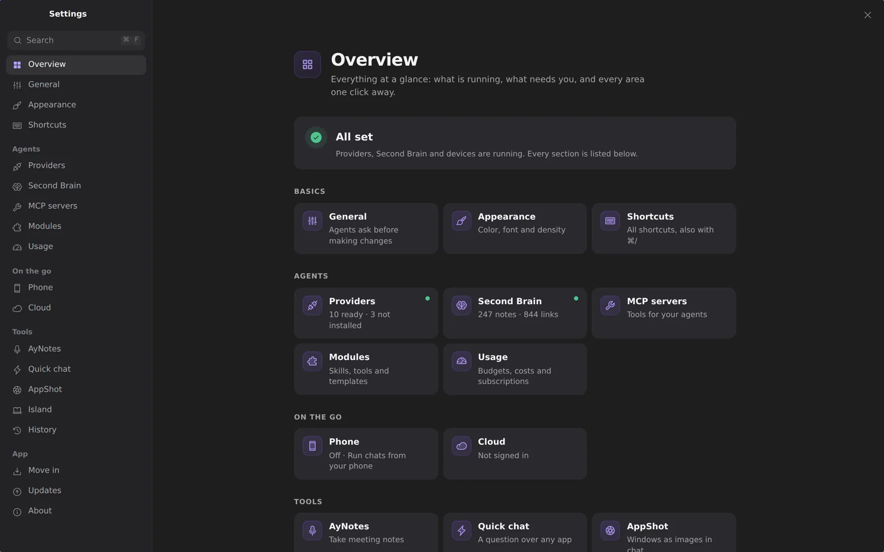 Settings open with ⌘, and start with an overview of what needs you.