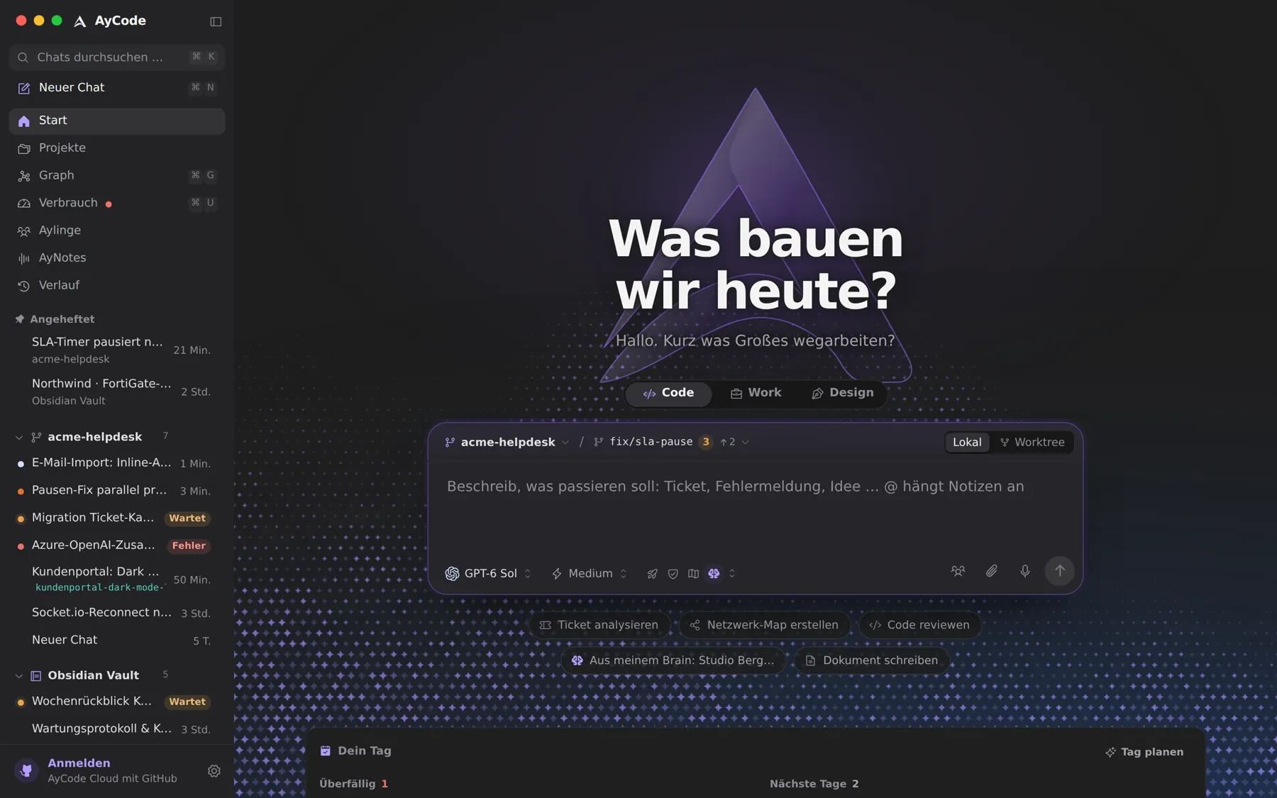The start screen: pick Code, Work or Design, a project, a model, and say what you want.