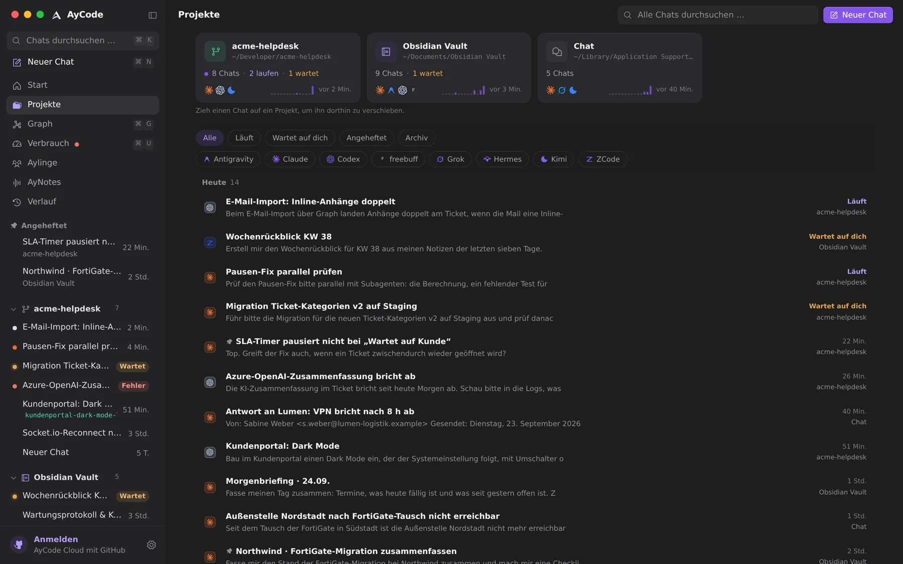 Projects: activity per project, filters by status and provider, and all chats by day.